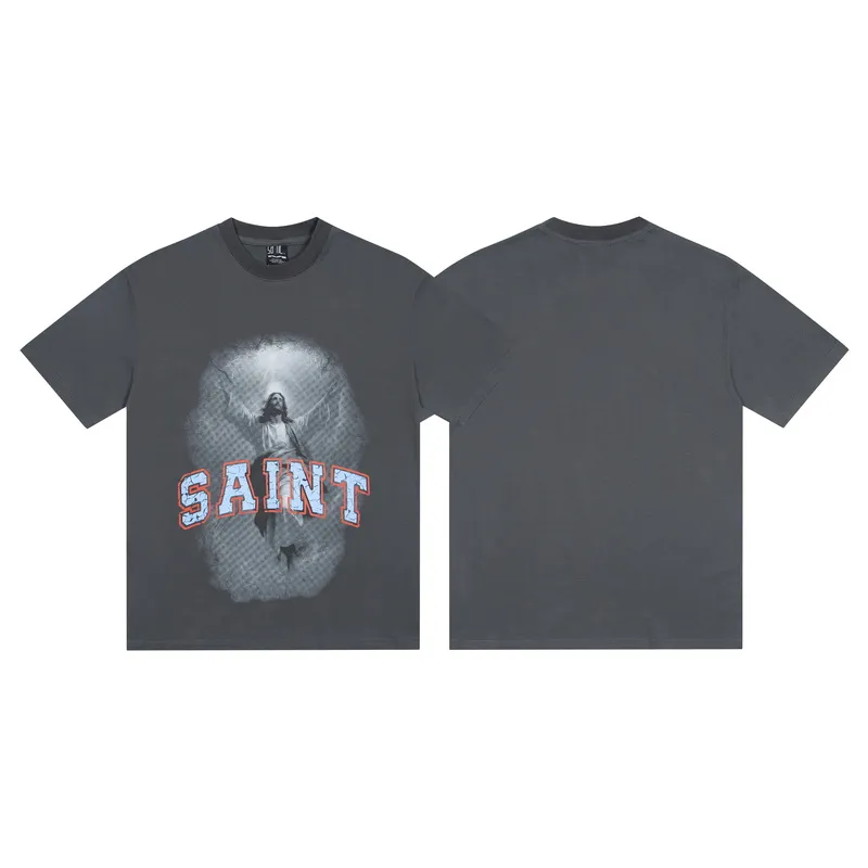 100💰 S08#美Chao SAINT white ink direct-injection pure cotton 260g loose short-sleeved T-shirt 11 dark gray S-XL
